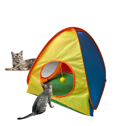 Katze Spielzeug, Faltbares Regenbogen-Campingzelt mit hängendem Katzenball, Polyestermaterial, Pop-up-Design, 50x50x46 cm