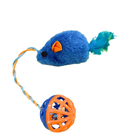 Katze Kuscheltier, Plüsch Maus mit Feder, Spielzeug für Katzen mit Hohlglockenkugel, zwei Farben: Orange & Blau