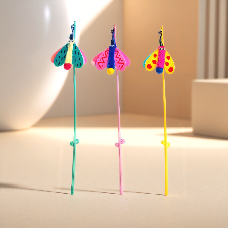 Katze Spielzeug, Katzenangel, Bunte fliegende Insektenform mit Glöckchen, Beißen, Handheld, 49 cm, Drei Farboptionen