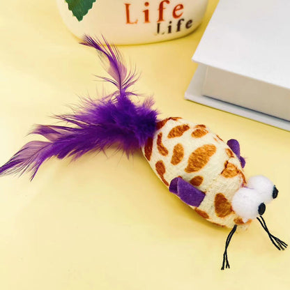 Kuscheltier Katze, Plüschmaus mit großen Augen, Fünffarbige Schwanzfedern & Katzenminze für Spiel und Spaß, Fünferpack