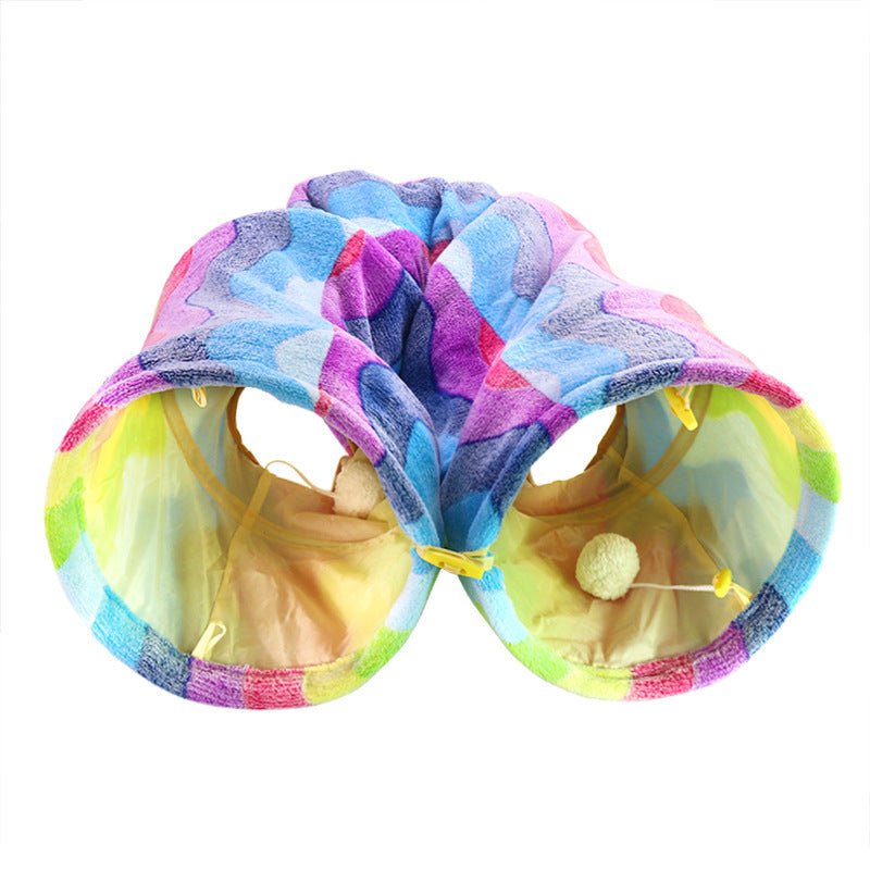 Katzentunnel, Regenbogenfarben Faltbarer Katzen-Spieltunnel aus Geräuschpapier mit mehreren Eingängen & aufgehängtem ball