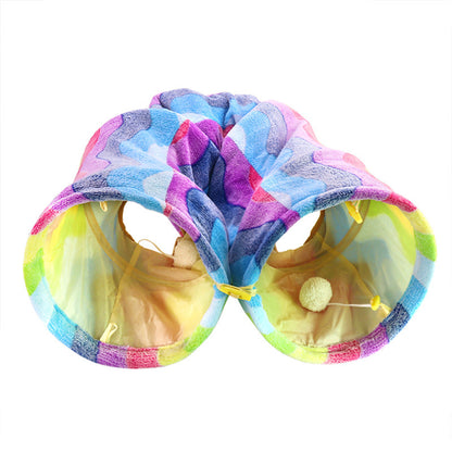 Katzentunnel, Regenbogenfarben Faltbarer Katzen-Spieltunnel aus Geräuschpapier mit mehreren Eingängen & aufgehängtem ball