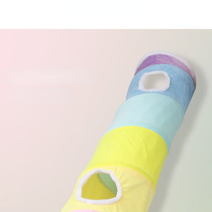 Katzentunnel, Regenbogen Katzenohrenform aus Geräuschpapier, Faltbarer, Plüsch-Fünfstern & 4 Eingänge, 120x31x31 cm
