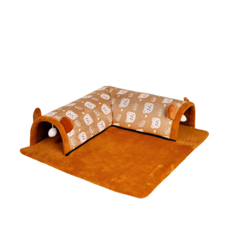 Katzentunnel, Braun und Grau Bärenohren Plüsch, Zipper Design, Abnehmbar & Waschbar - 3 Größen für Katzen jeden Körperform