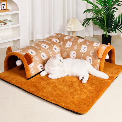 Katzentunnel, Braun und Grau Bärenohren Plüsch, Zipper Design, Abnehmbar & Waschbar - 3 Größen für Katzen jeden Körperform