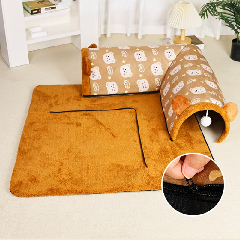 Katzentunnel, Braun und Grau Bärenohren Plüsch, Zipper Design, Abnehmbar & Waschbar - 3 Größen für Katzen jeden Körperform