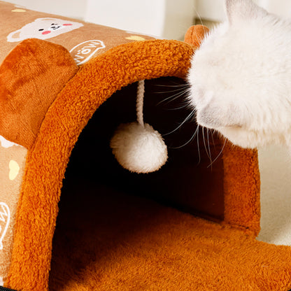 Katzentunnel, Braun und Grau Bärenohren Plüsch, Zipper Design, Abnehmbar & Waschbar - 3 Größen für Katzen jeden Körperform