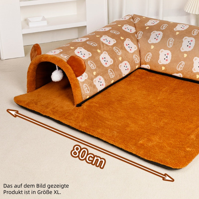 Katzentunnel, Braun und Grau Bärenohren Plüsch, Zipper Design, Abnehmbar & Waschbar - 3 Größen für Katzen jeden Körperform