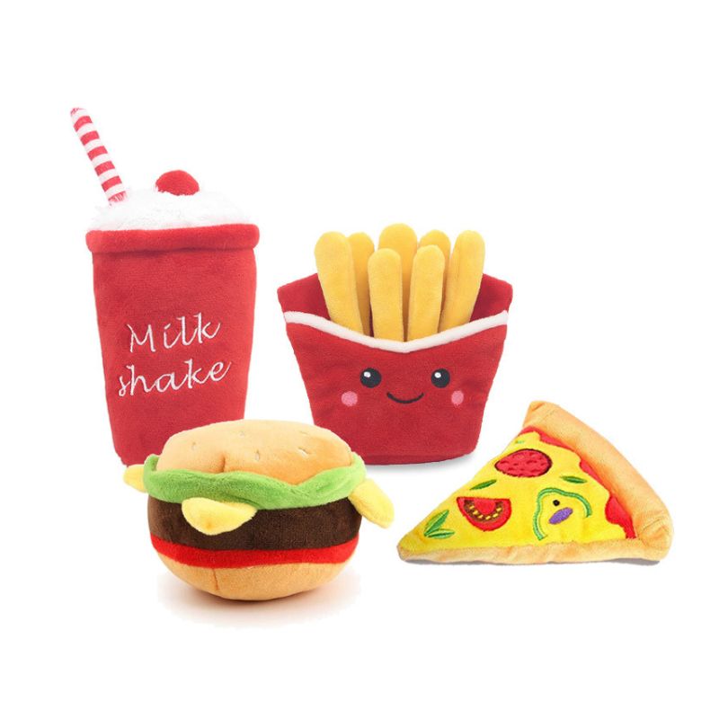 Hund Kuscheltiere, Fast Food Serie mit Burger, Pommes, Milkshake-Becher und Pizza, Plüschspielzeug Set für Hunde aller Größen, Vier Teile in einem Set