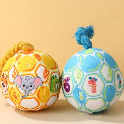 Kuscheltier für Hunde, PP-Baumwolle Hundeball mit integriertem Klingelton & Bissfestes Baumwollseil, Gelb und Blau, 10 cm