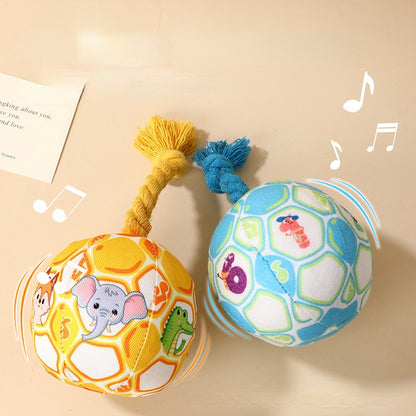 Kuscheltier für Hunde, PP-Baumwolle Hundeball mit integriertem Klingelton & Bissfestes Baumwollseil, Gelb und Blau, 10 cm