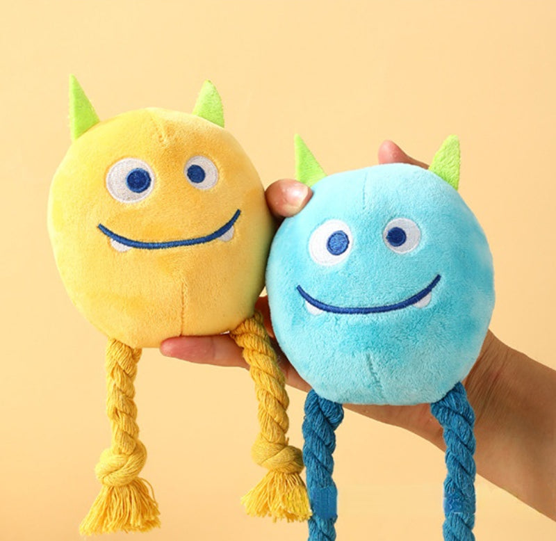 Kuscheltier für den Hund, Plüsch Hundeball in Monsterform, Interaktives Hundespielzeug Quietschen, Waschbar, Gelb & Blau