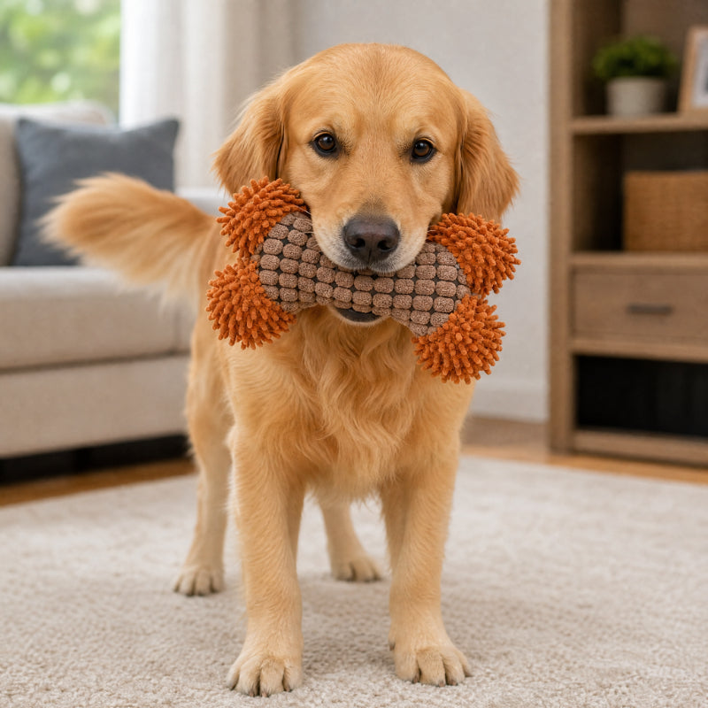 Kuscheltier für den Hund, Plüsch Knochen Spielzeug mit Quietscher, 3er Set in Blau, Kaffee und Weiß, Begleiter für Hunde