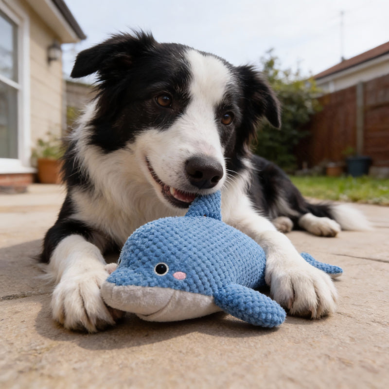 Kuscheltier für Hunde, Blauer Delfin, Hundespielzeug Quietschen, Futterversteck für kleine und große Hunde, Zwei Größen