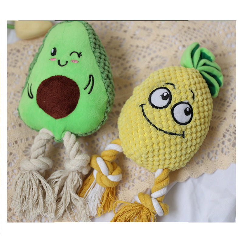 Kuscheltier für den Hund, Ananas und Avocado mit Baumwollseil, haltbares & interaktives Hundespielzeug Quietschen, 3 Stücke