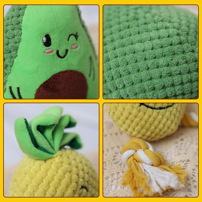 Kuscheltier für den Hund, Ananas und Avocado mit Baumwollseil, haltbares & interaktives Hundespielzeug Quietschen, 3 Stücke