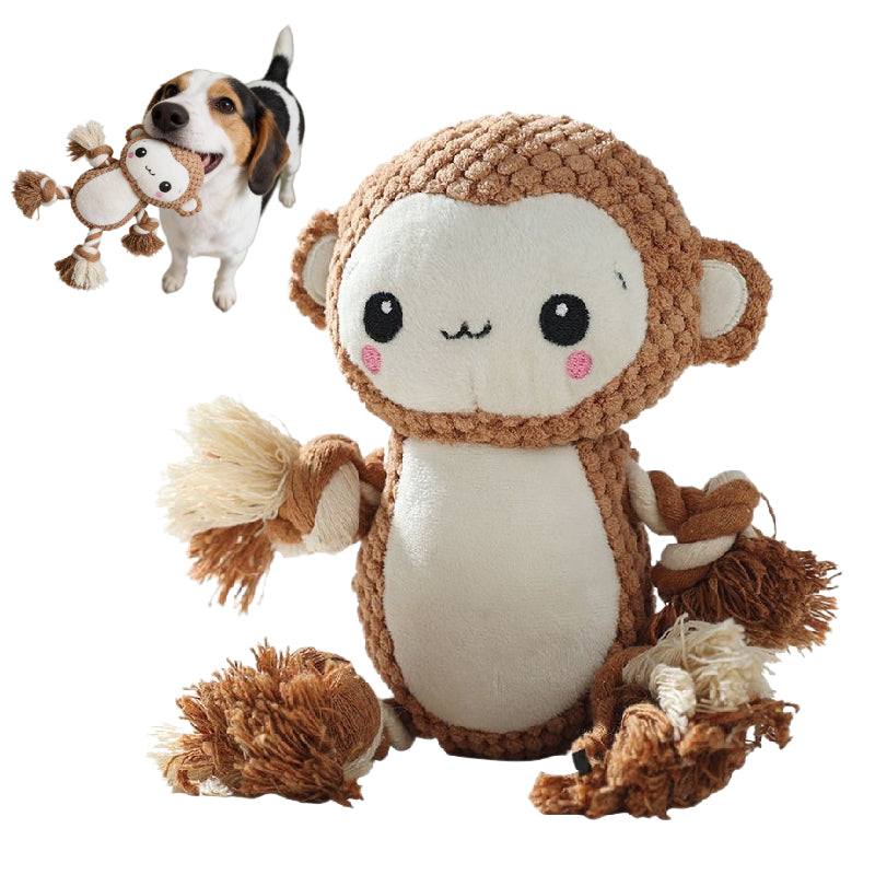 Kuscheltier für den Hund, Weicher Affe mit Quietscher für Spielspaß, mit Bissfestes Baumwollseil für Zahnreinigung, 3 Stücke