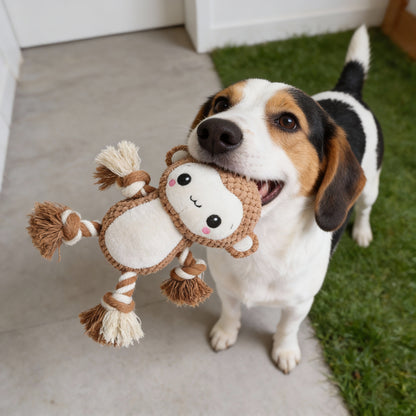 Kuscheltier für den Hund, Weicher Affe mit Quietscher für Spielspaß, mit Bissfestes Baumwollseil für Zahnreinigung, 3 Stücke