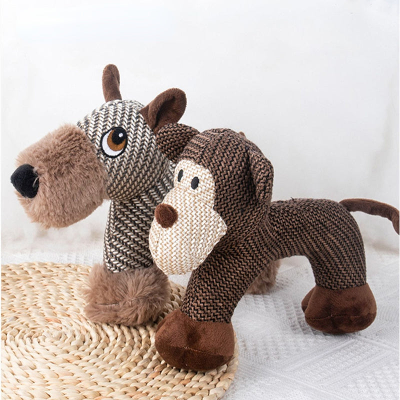 Kuscheltier für den Hund, Drei Tierform aus Baumwolle und Leinen, Kauspielzeug für Hunde, Ideal für kleine Hunderassen