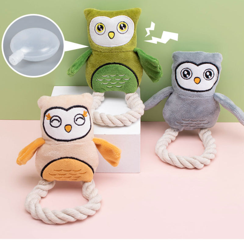 Kuscheltier für Hunde, Baumwollseil Eule mit Bibi-Geräusch, Zahnreinigungsspielzeug für kleine & große Hunde, Drei Farben