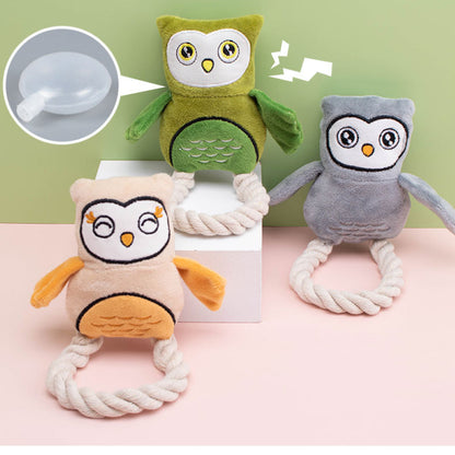 Kuscheltier für Hunde, Baumwollseil Eule mit Bibi-Geräusch, Zahnreinigungsspielzeug für kleine & große Hunde, Drei Farben