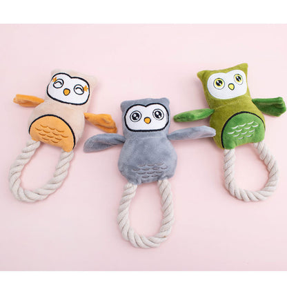 Kuscheltier für Hunde, Baumwollseil Eule mit Bibi-Geräusch, Zahnreinigungsspielzeug für kleine & große Hunde, Drei Farben