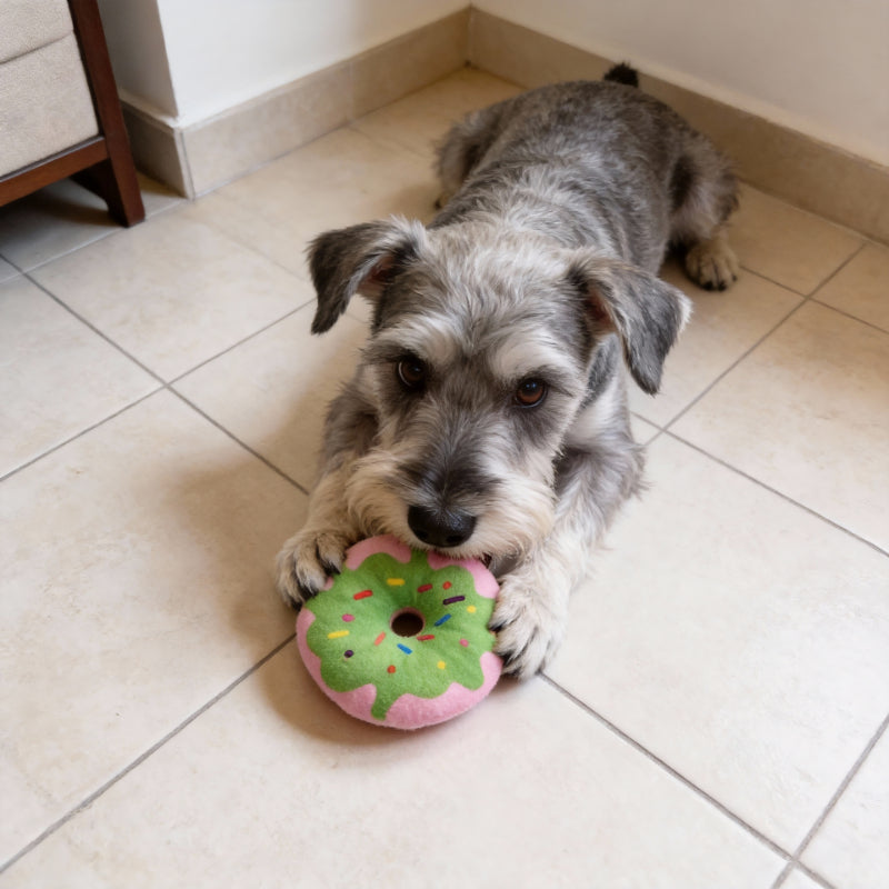 Kuscheltier für den Hund, Plüsch Donut mit Quietscher, robustes Hundspielzeug, in 4 Farben erhältlich (1 Stück)