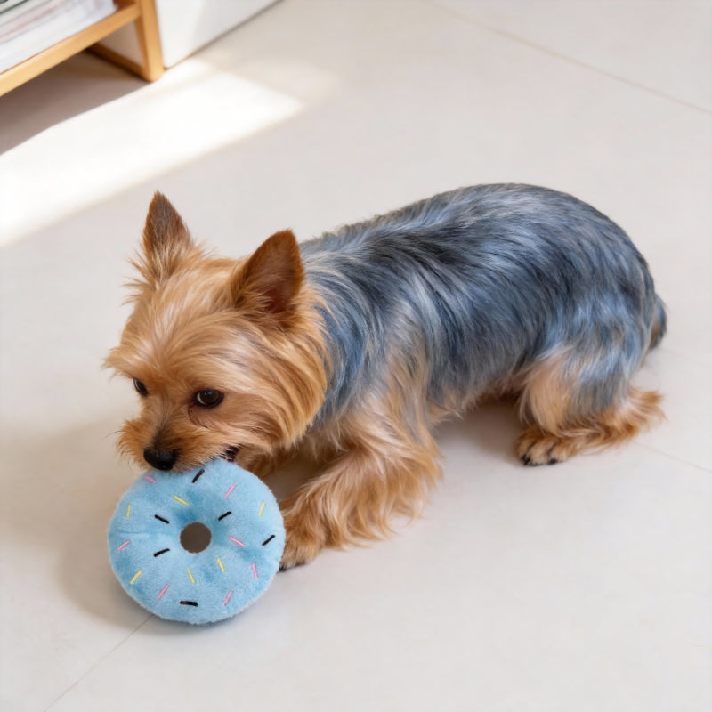 Hund Kuscheltiere, Plüsch Donut für kleine Hunde in Blau und Braun, 11 cm Durchmesser, mit Quietscher für hohe Spielanreize