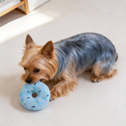 Hund Kuscheltiere, Plüsch Donut für kleine Hunde in Blau und Braun, 11 cm Durchmesser, mit Quietscher für hohe Spielanreize