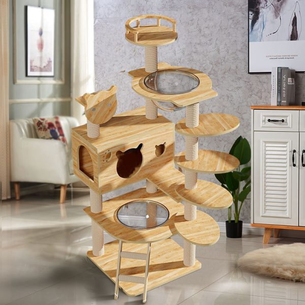 Katzenbaum für große Katzen, 2-in-1 Katzenkratzer und Katzenhöhle aus Massivholz mit Katzenspielzeug und Plattformen – Bild 4