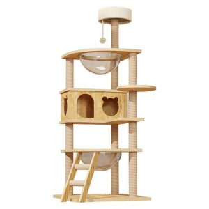 Katzenbaum für große Katzen, 2-in-1 Katzenkratzer und Katzenhöhle aus Massivholz mit Katzenspielzeug und Plattformen