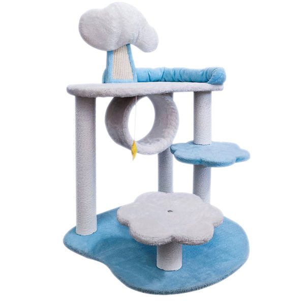 Cat Tree, Katzenbaum mit Liegeflächen, Wolken Design Spielplattform, Katzenmöbel aus Massivholz, Weiß und Blau – Bild 2