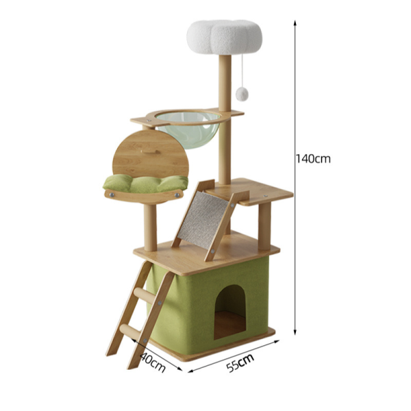 Holz Katzenbaum, 140cm hoch mit Katzenbett, Plüschbällen und Raumkapsel, Multifunktionaler, Grün – Bild 2