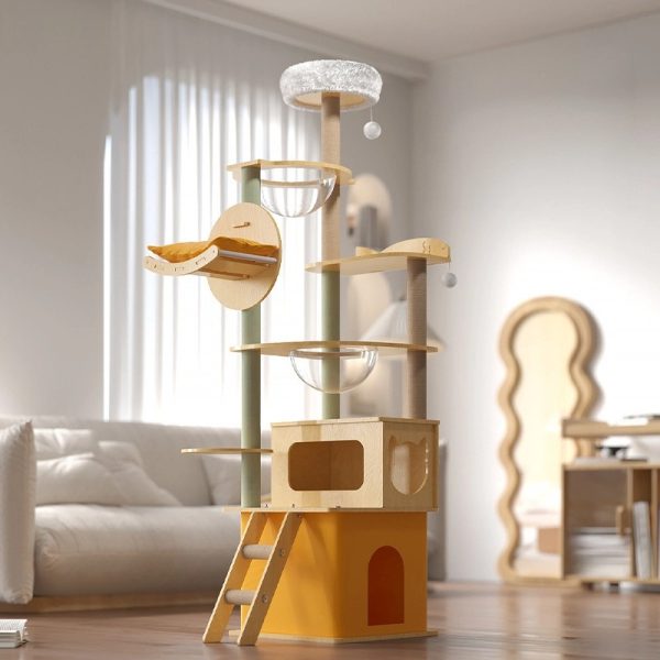 Katzenbaum aus Holz, Stabiler Holzrahmen mit Raumkapseln und Hängematte, Sicherer Kletterturm für Groß und Klein, Gelb oder Grün – Bild 3