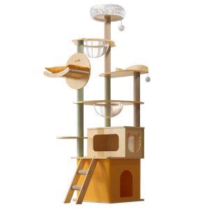 Katzenbaum aus Holz, Stabiler Holzrahmen mit Raumkapseln und Hängematte, Sicherer Kletterturm für Groß und Klein, Gelb oder Grün