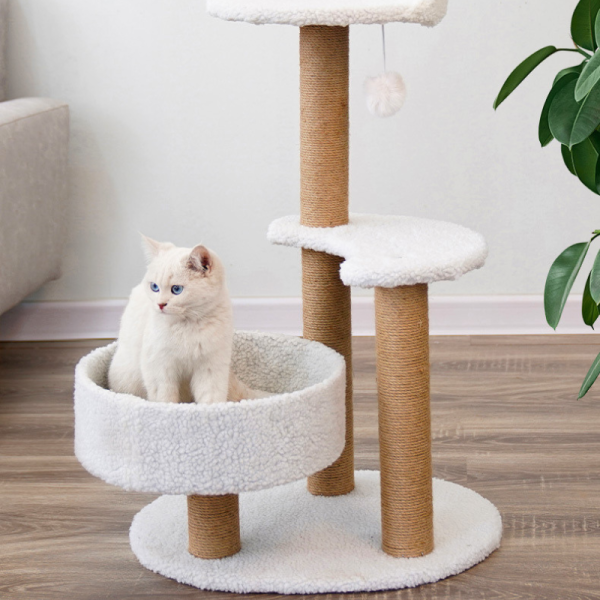 Katzen Baume, mit Sprungplattform, Leichter Aufbau, Ideal für aktive Katzen, Stabiler und platzsparender Kratzbaum, Weiß – Bild 4