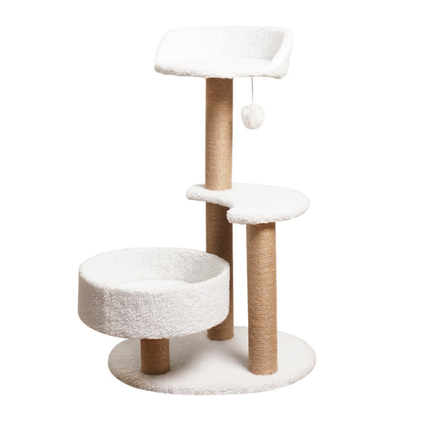 Katzen Baume, mit Sprungplattform, Leichter Aufbau, Ideal für aktive Katzen, Stabiler und platzsparender Kratzbaum, Weiß