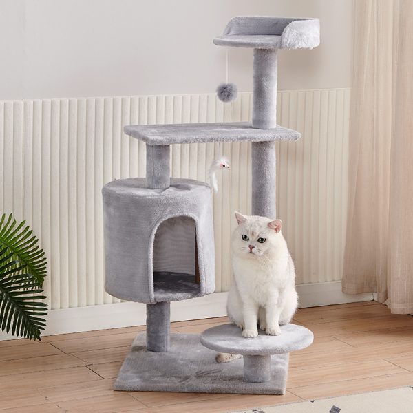 Kleine Katzenbäume, Stabiler Kletterbaum, mit Plüsch Höhle und Plüschball, Hellgrau, Platzsparend – Bild 4