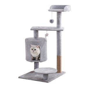 Kleine Katzenbäume, Stabiler Kletterbaum, mit Plüsch Höhle und Plüschball, Hellgrau, Platzsparend