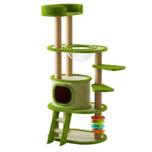 Kratzbaum Baum, Rattanmatte, Sommer Kühle Kletterbaum mit Kratzbaum, Spielzeug und Katzenbett, grün