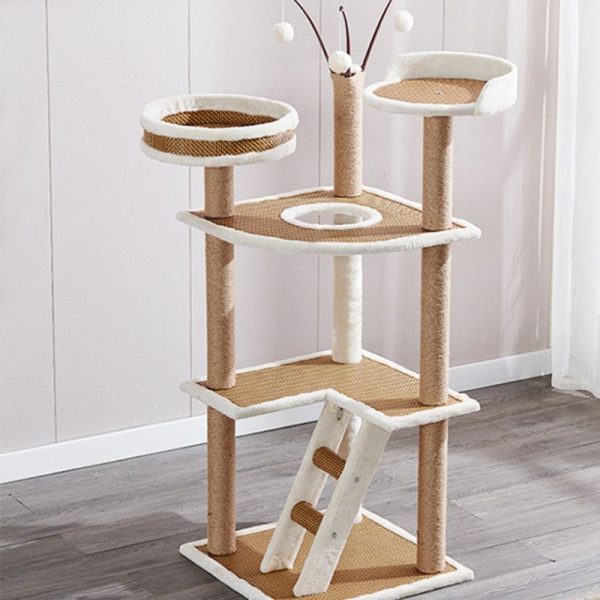 Hochwertiger Katzenbaum, Multifunktionale Katzenbaum mit Rattanmatte, Kratzbaum und Plattform, Stabiler, Braun und Weiß – Bild 3