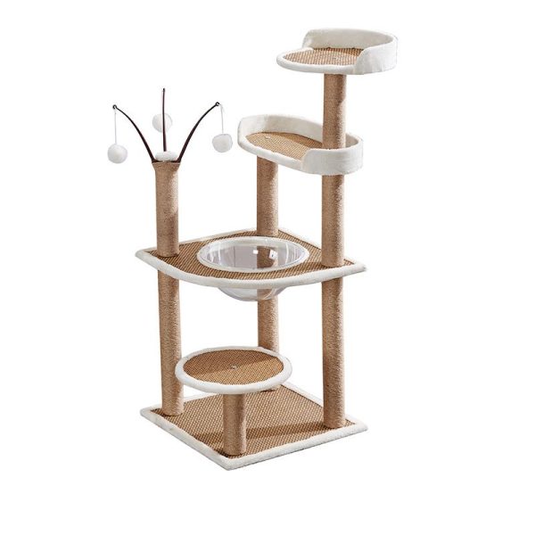 Hochwertiger Katzenbaum, Multifunktionale Katzenbaum mit Rattanmatte, Kratzbaum und Plattform, Stabiler, Braun und Weiß