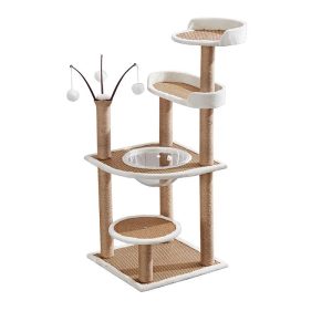 Hochwertiger Katzenbaum, Multifunktionale Katzenbaum mit Rattanmatte, Kratzbaum und Plattform, Stabiler, Braun und Weiß