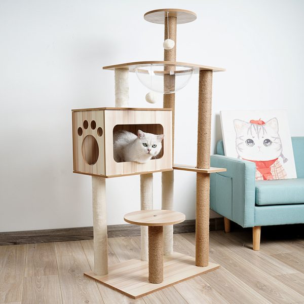 Katzenbaum Stabil, Katzenkratzbaum aus Holz für Katzen, Robustes Kratzmöbel mit Höhle, Natur, 135 cm Höhe – Bild 3