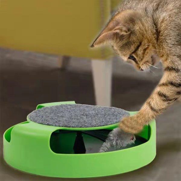 Katzenspielzeug Mausefalle 360° drehbar mit beweglicher Maus und Kratzbrett, rutschfeste Unterseite, idealer Spielspaß für Katzen – Bild 3