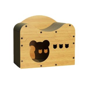 Katzen Kratzbrett, Multi-Funktionales Katzenmöbel Holz, Bärenförmigem Eingang, Natürliche Holzfarbe