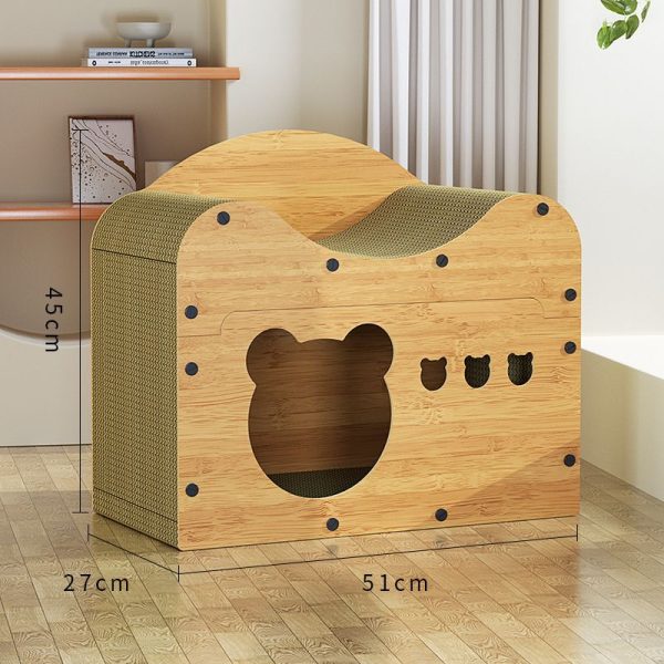 Katzen Kratzbrett, Multi-Funktionales Katzenmöbel Holz, Bärenförmigem Eingang, Natürliche Holzfarbe – Bild 2