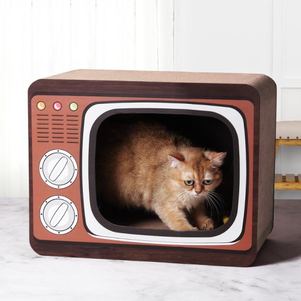 Kratzmöbel Katze, Wellenpappe Kratzbrett für Katzen im Radio und Fernsehdesign, Halboffene Kratzstation für Sicherheit und Komfort – Bild 4