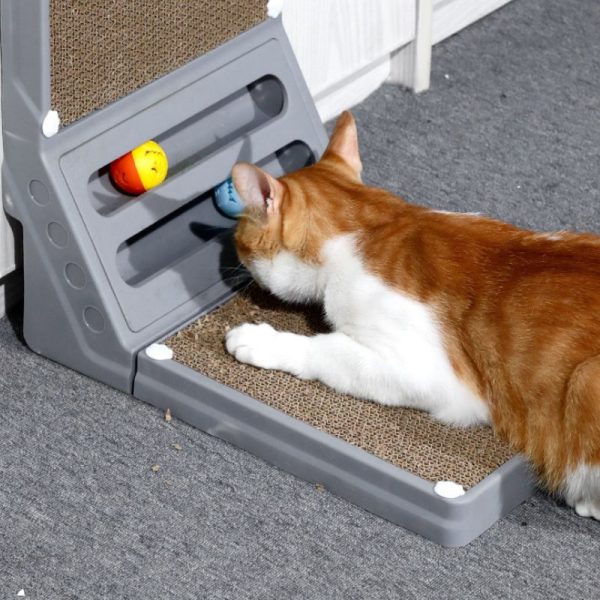 Kratzbrett Katze, Katzen Kratz Ecken mit Spielzeug und Interaktivität, L-förmige, Kratzbrett aus Wellpappe und Kunststoff – Bild 4