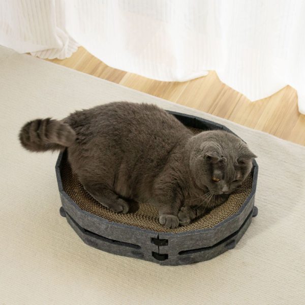 Katzen Kratzbrett, Katzenbett Rundes Wellpappe mit Grauem Filzrand, langlebiges zum Spielen und Entspannen – Bild 3